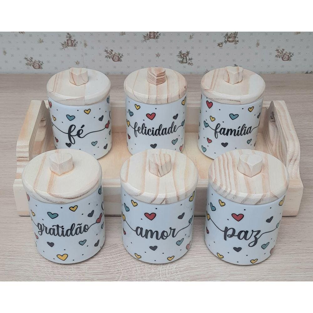 Jogo 6 Potes Multi-Uso 300ml Frases Motivacionais c/ pegadores + Bandeja - Kit Porcelana
