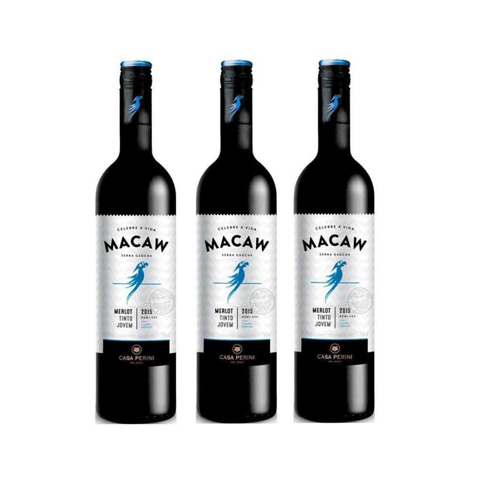 Kit Vinho Macaw Merlot Tinto Demi-sec Casa Perini 750ml 3uni