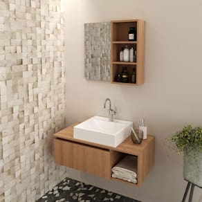 Conjunto Suspenso para Banheiro com Espelheira 80cm Marrom