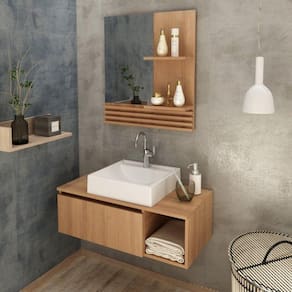 Conjunto Suspenso para Banheiro com Espelheira 80cm Marrom