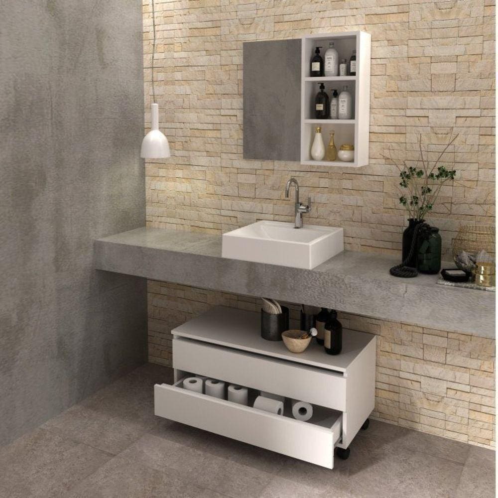 Gabinete Rodizio para Banheiro com Espelheira 80cm Branco