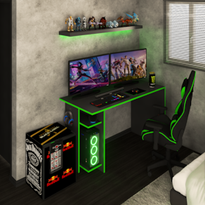 Mesa Gamer Vênus 2 Prateleiras Preto Fosco/Verde - Panorama Móveis