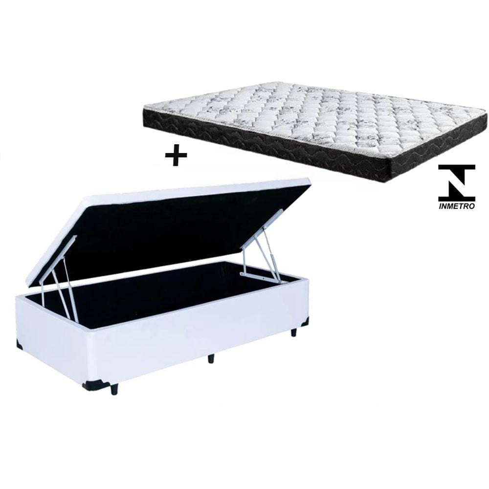 Cama Box Baú Solteiro Conforto Sintético Branco + Colchão Solteiro Conforto Espuma D23 14x88x188