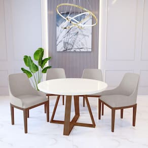 Mesa de Jantar Redonda Pérola Off White com 4 Cadeiras Elisa Linho Bege Madeira Maciça Imbuia