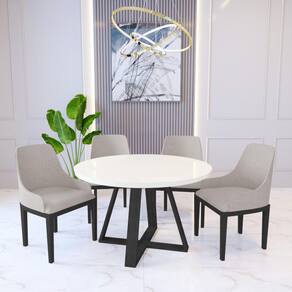 Mesa de Jantar Redonda Pérola Off White com 4 Cadeiras Elisa Linho Bege Madeira Maciça Preto