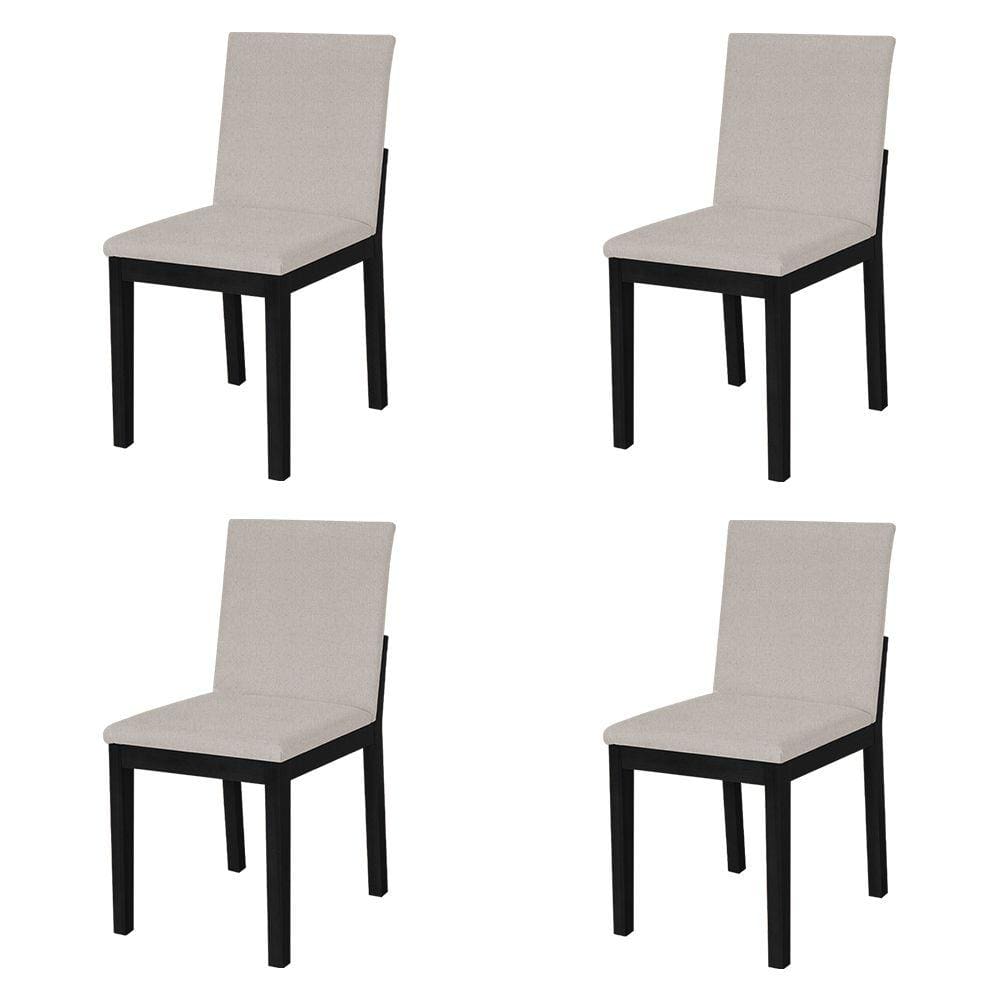 Kit 4 Cadeiras de Jantar Pérola Estofado Liso Linho Bege Base Madeira Maciça Preto
