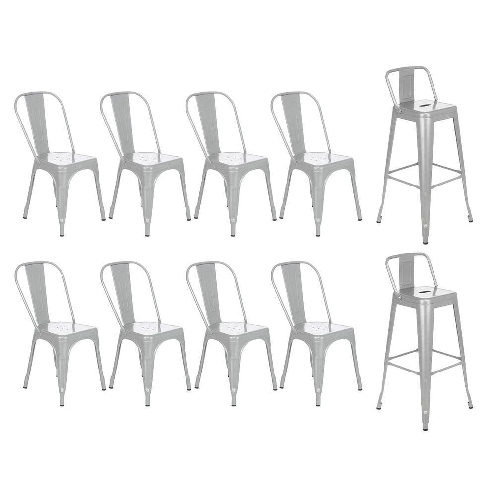 Kit 8 cadeiras + 2 banquetas altas com encosto industrial Loft Vintage Iron Tolix prata