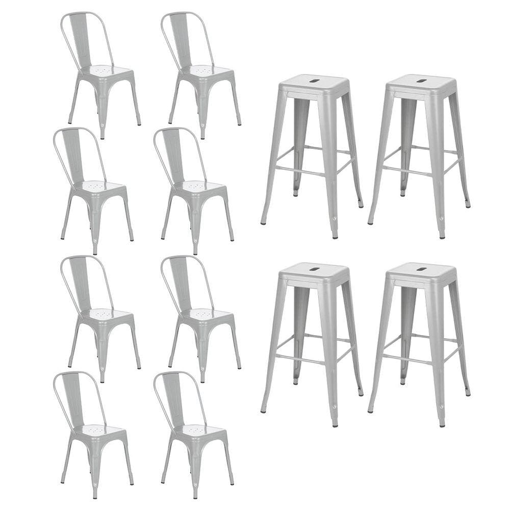 Kit 8 cadeiras + 4 banquetas altas industrial Loft Vintage Iron Tolix prata