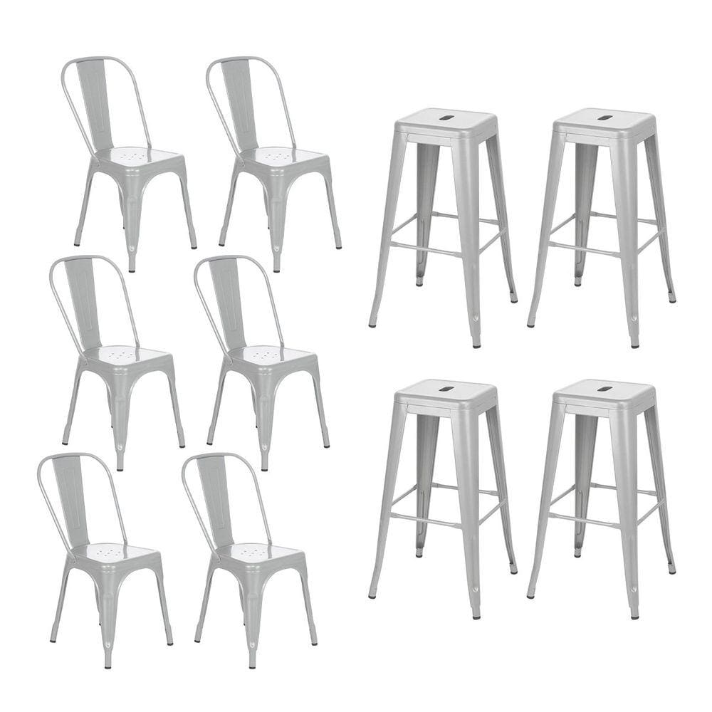 Kit 6 cadeiras + 4 banquetas altas industrial Loft Vintage Iron Tolix prata