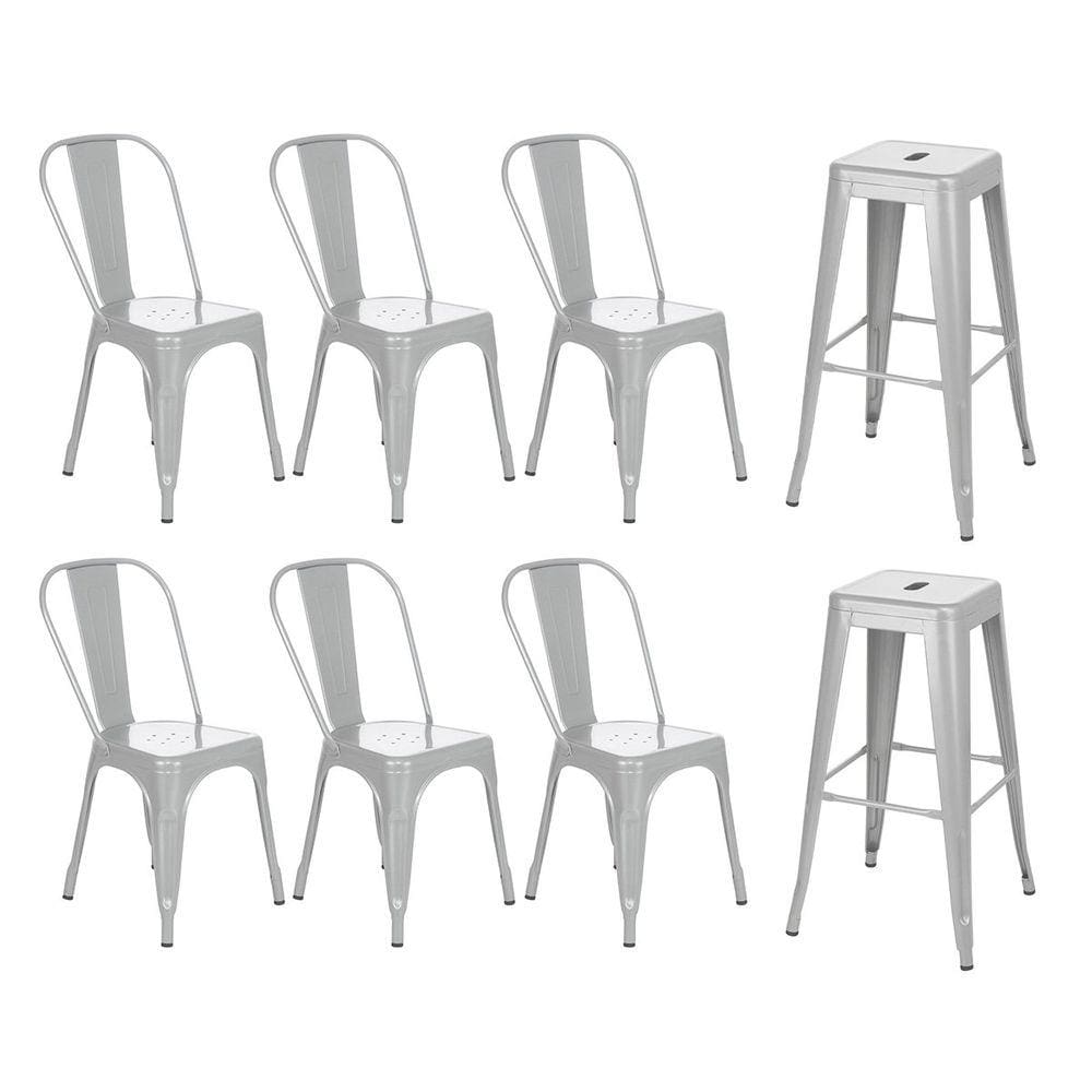 Kit 6 cadeiras + 2 banquetas altas industrial Loft Vintage Iron Tolix prata