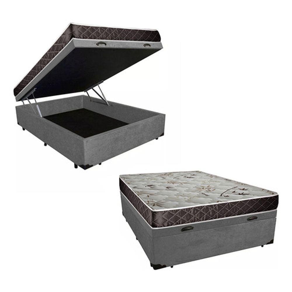 Cama Box Baú Casal Conforto Suede Cinza + Colchão Casal Conforto Espuma D23  14x138x188