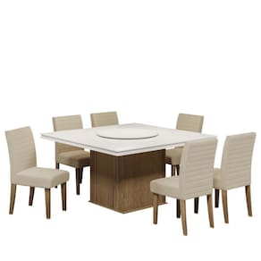 Conjunto De Mesa Sala De Jantar Com Tampo Giratório 1,36M 6 Cadeiras Cedro / Off White/ Areia