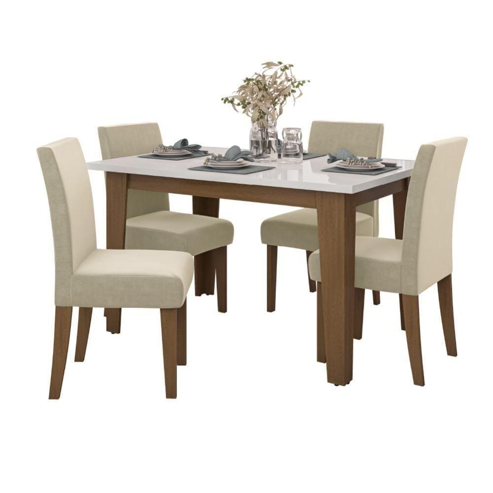 Conjunto De Mesa Sala De Jantar Miami Com 4 Cadeiras Trieste Suede 1,20M Cedro / Off White / Areia