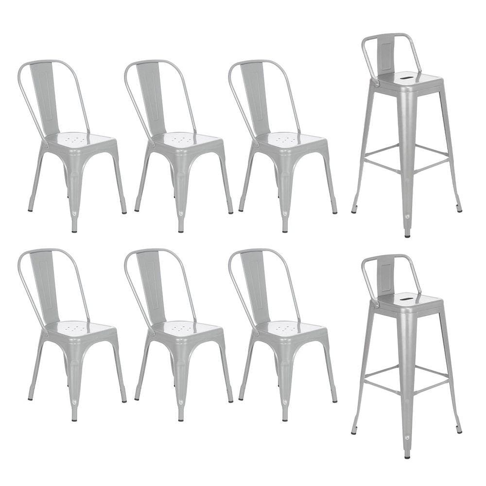Kit 6 cadeiras + 2 banquetas altas com encosto industrial Loft Vintage Iron Tolix prata