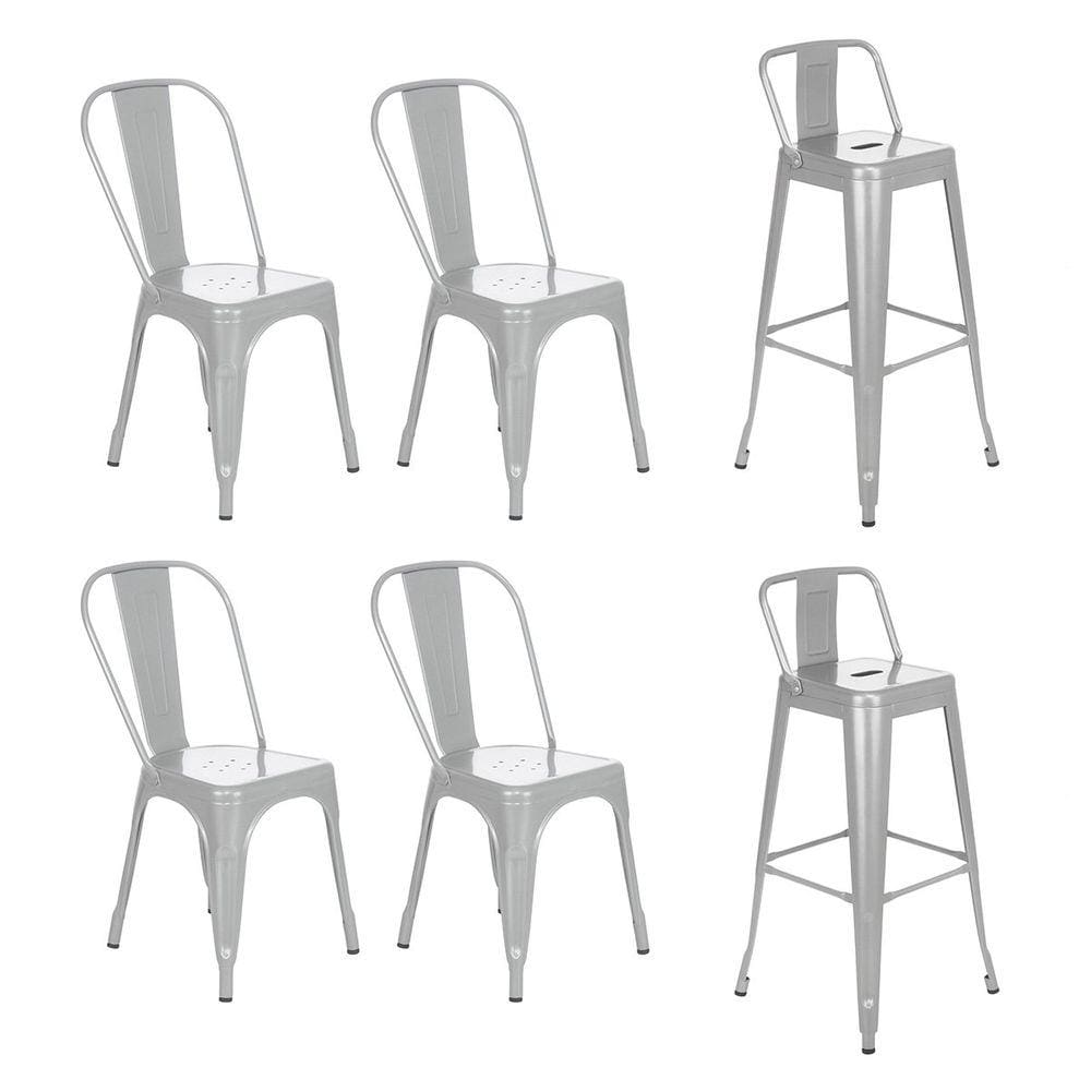 Kit 4 cadeiras + 2 banquetas altas com encosto industrial Loft Vintage Iron Tolix prata