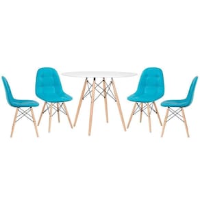Mesa Redonda Eames 100 Cm Branco + 4 Cadeiras Estofadas Eiffel Botonê Azul Tiffany Azul Tiffany