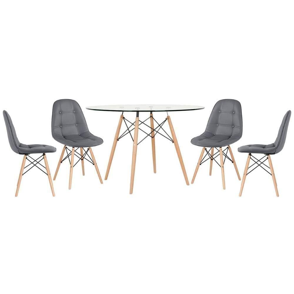 Mesa Eames Com Tampo De Vidro 120 Cm + 4 Cadeiras Estofadas Eiffel Botonê Cinza Escuro Cinza-escuro