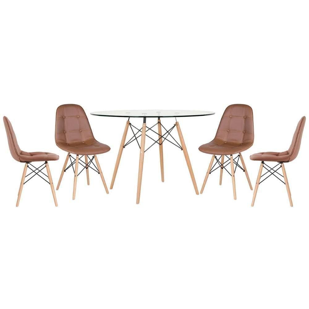Mesa Eames Com Tampo De Vidro 120 Cm + 4 Cadeiras Estofadas Eiffel Botonê Marrom Marrom