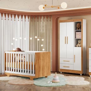 Quarto de Bebê Guarda Roupa 3 Portas e Berço Mini Cama 100% MDF Nina Amadeirado/Branco