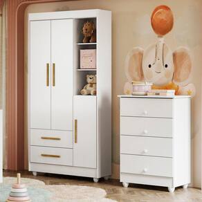 Quarto de Bebê Guarda Roupa 3 Portas e Cômoda 100% MDF Nina Branco