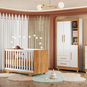 Quarto de Bebê Guarda Roupa 3 Portas e Berço Mini Cama 100% MDF com Colchão Nina Amadeirado/Branco