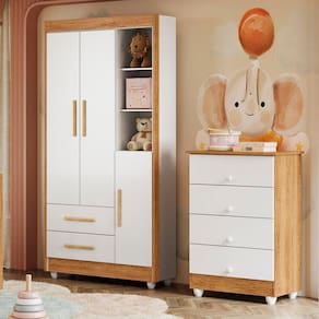 Quarto de Bebê Guarda Roupa 3 Portas e Cômoda 100% MDF Nina Amadeirado/Branco