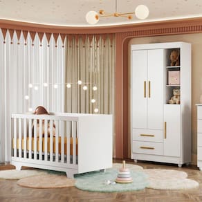 Quarto de Bebê Guarda Roupa 3 Portas e Berço Mini Cama 100% MDF com Colchão Nina Branco