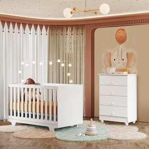 Quarto de Bebê Berço Mini Cama e Cômoda com Colchão Nina Branco