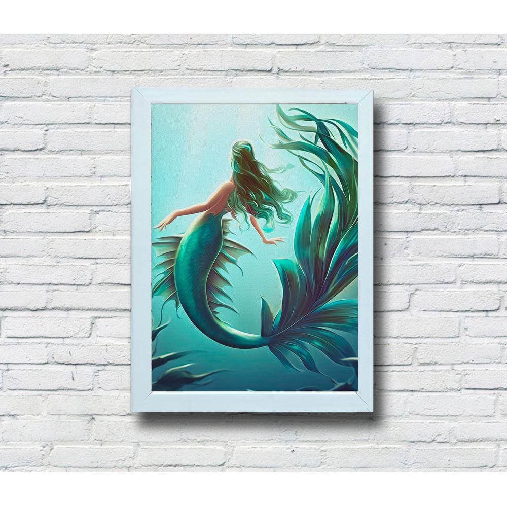 Quadro Decorativo MDF 20x28 Moldura Branca Sereia Algas