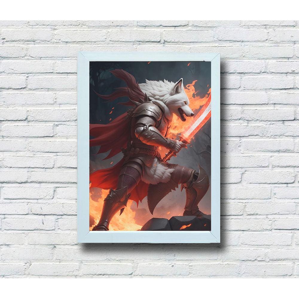 Quadro Decorativo MDF 20x28 Moldura Branca Lobo Guerreiro