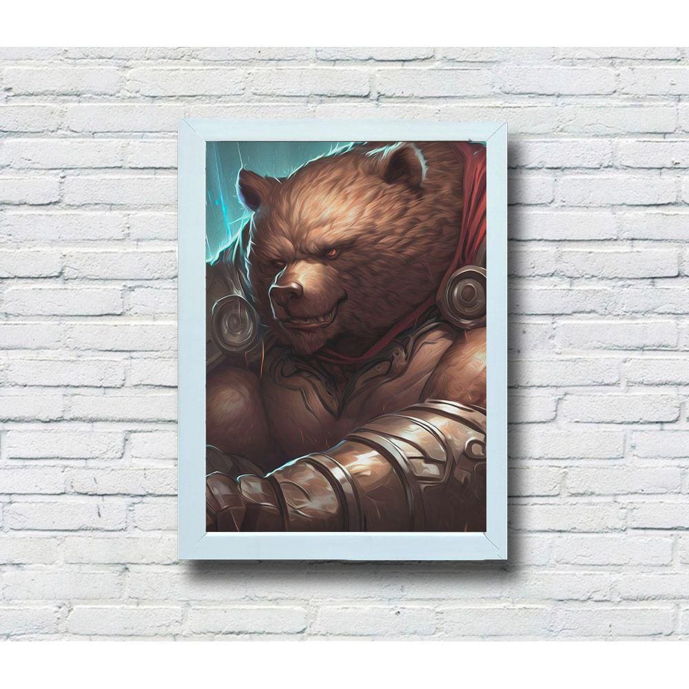 Quadro Decorativo MDF 20x28 Moldura Branca Urso Guerreiro