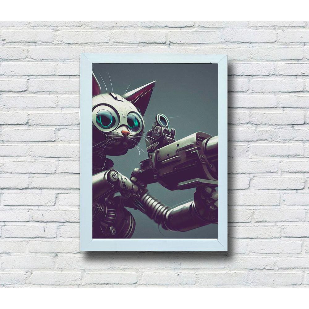Quadro Decorativo MDF 20x28 Moldura Branca Robot Cat