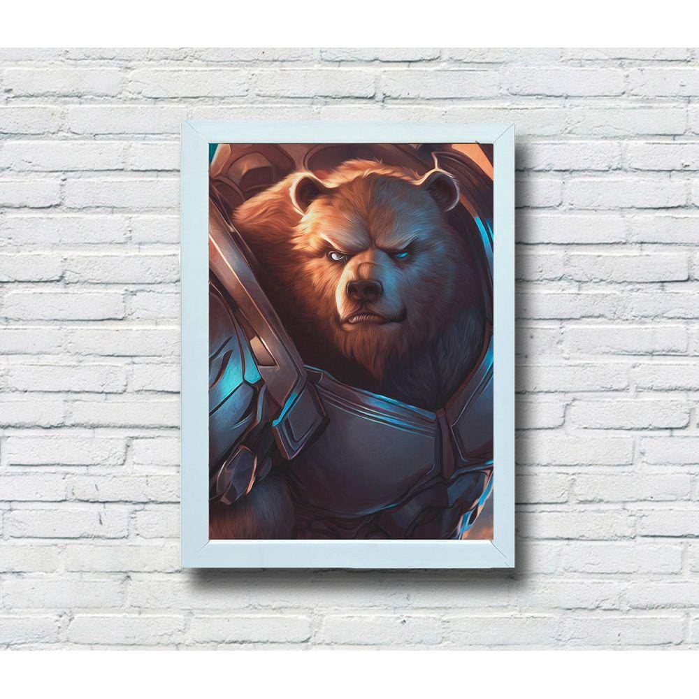 Quadro Decorativo MDF 20x28 Moldura Branca Urso Guerreiro