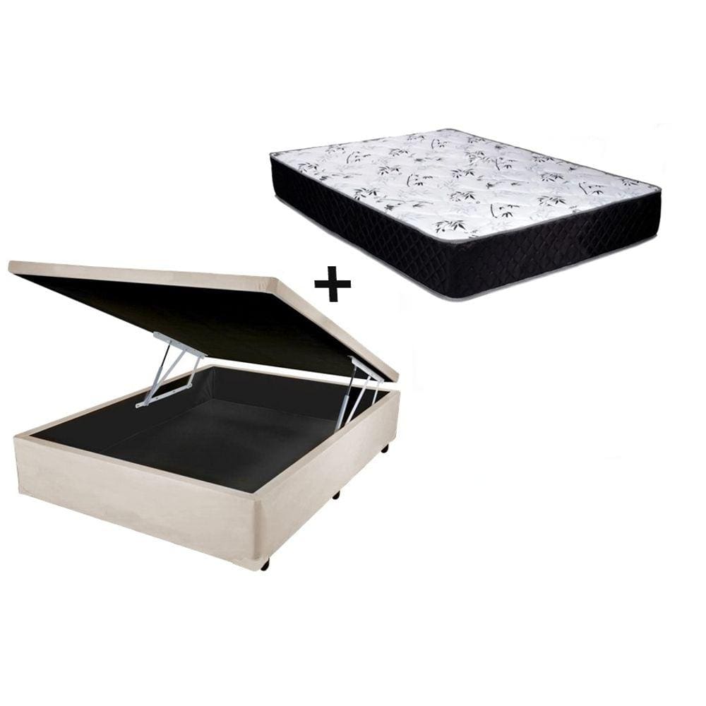 Cama Box Baú Casal Conforto Sintético Bege + Colchão Casal Conforto Espuma D23  17x138x188