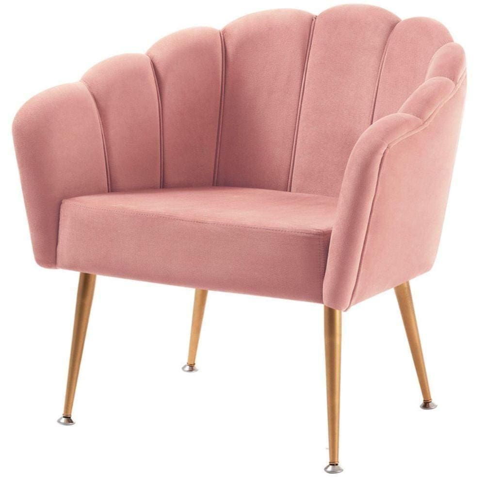 Poltrona Petala Slim Daf Móveis Em Madeira Eucalipto Espuma D28 Veludo Rosa Base Aço Dourado