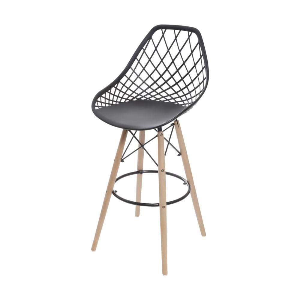 Banqueta Kaila Em Polipropileno Preta Base Madeira