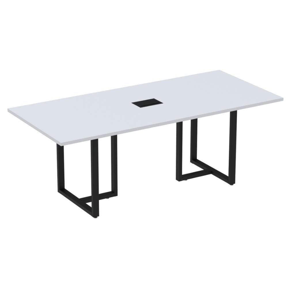 Mesa De Reunião Com Caixa De Tomada Retangular 200 X 90 Cm Pé Tubular Pe25 Em Mdp Cinza Base Preta