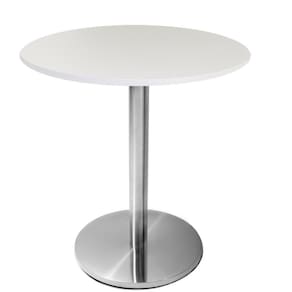 Mesa Beta Em Inox 75 Cm (Altura) Com Disco Redondo Com Tampo Em Mdp Redondo 80 Cm Branco