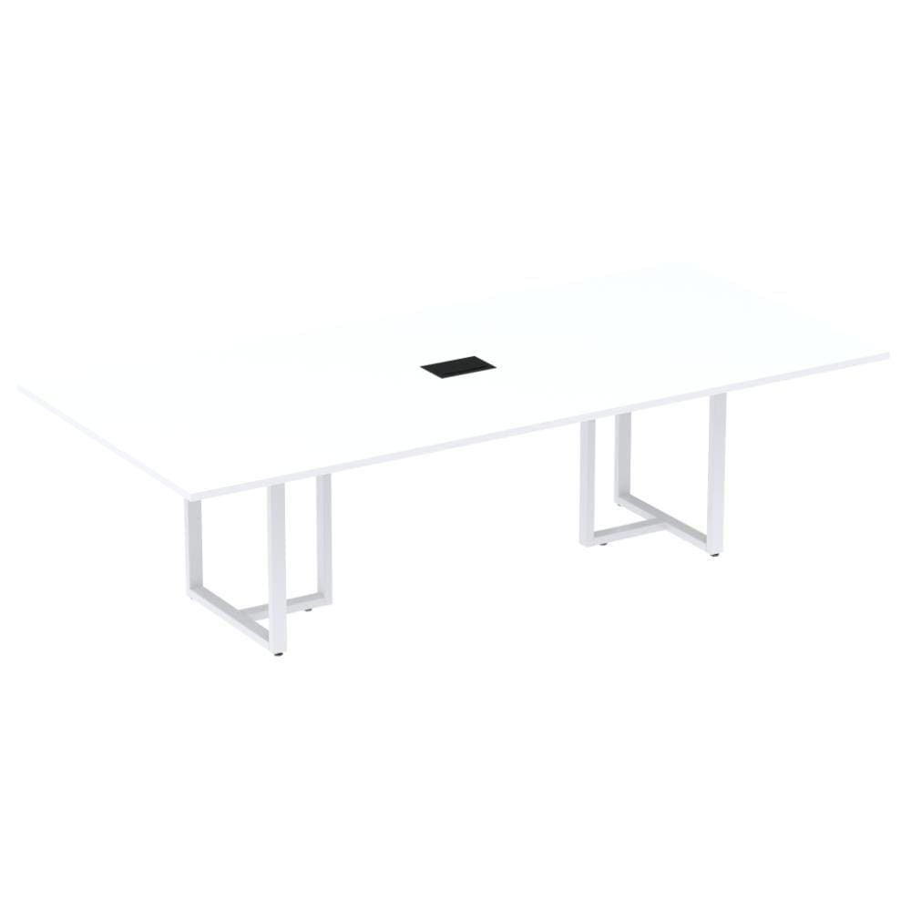 Mesa De Reunião Com Caixa De Tomada Retangular 200 X 90 Cm Pé Tub Pe25 Em Mdp Branco Base Branca