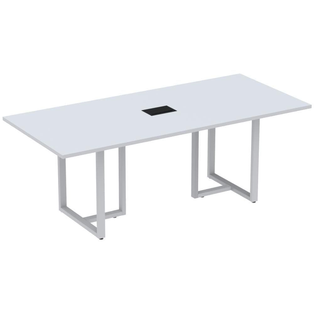 Mesa De Reunião Com Caixa De Tomada Retangular 260 X 120 Cm Pé Tubular Pe25 Mdp Branca Base Branca