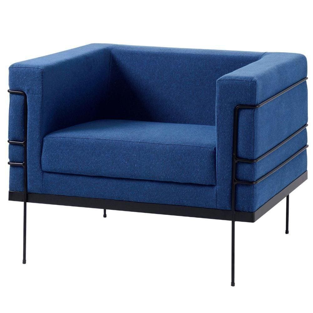 Poltrona Le Corbusier Daf Móveis Madeira Eucalipto Revestida Espuma D28 Linho Azul Marinho Base Aço