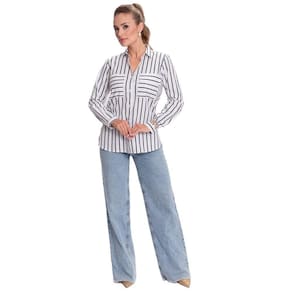 Camisa Social Feminina Ampla Listrada Camisão Bolsos Teodoro