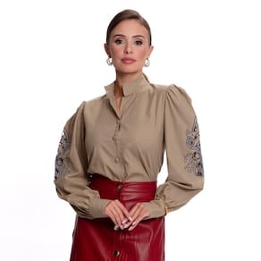 Camisa Social Feminina Bordado Richelieu Moderna Teodoro