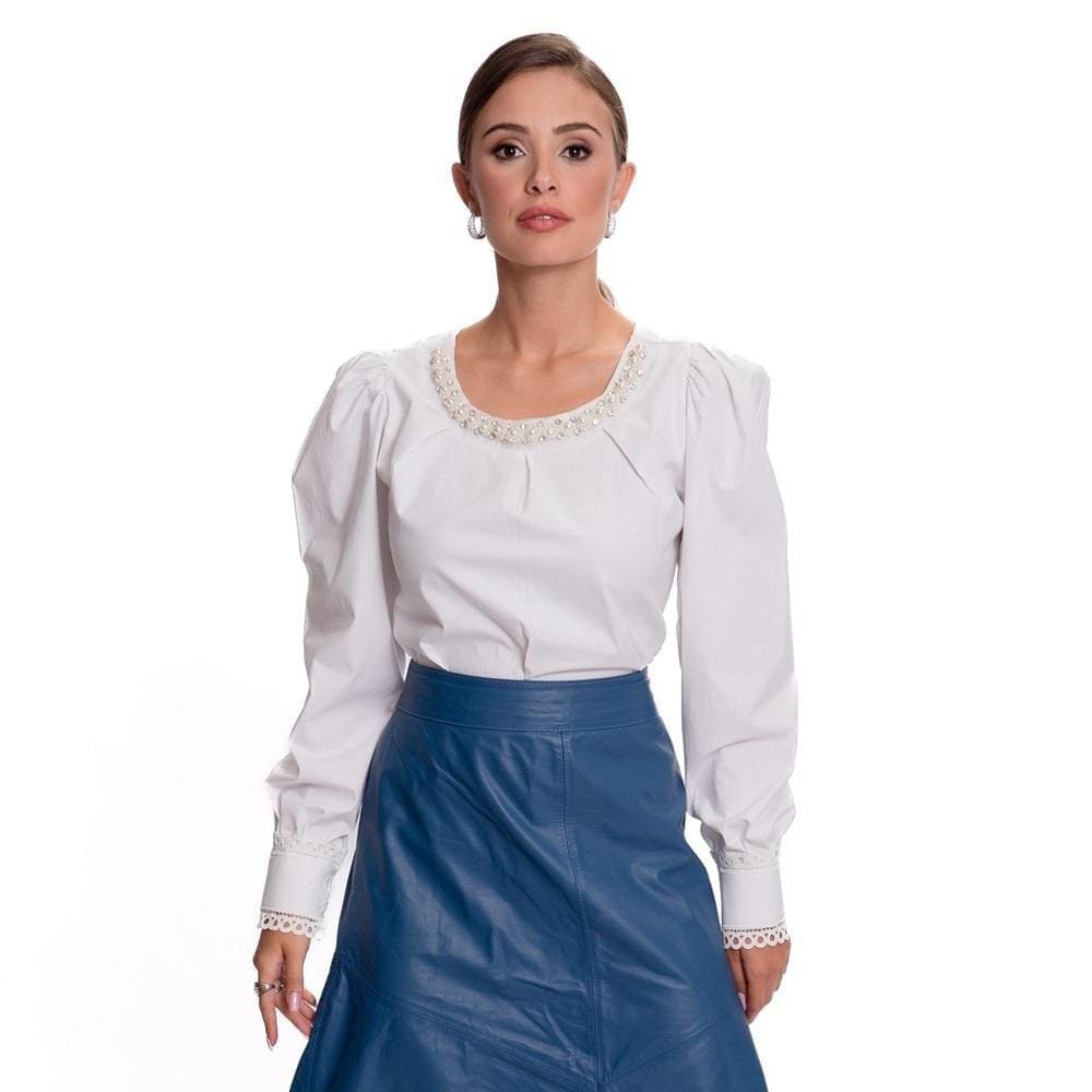 Camisa Social Feminina Rendada Decote Pérola Moderna Teodoro