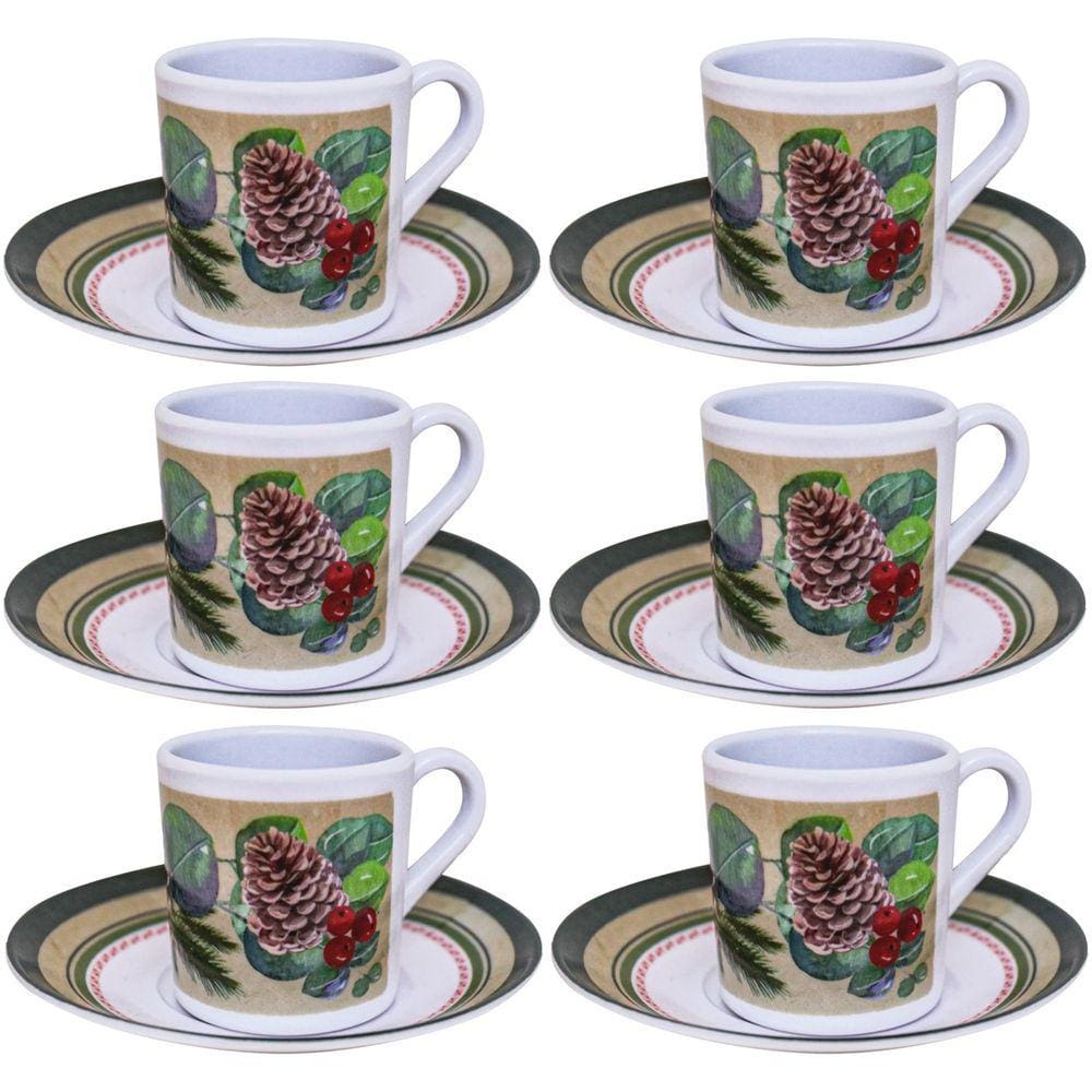 Conjunto 6 Xícaras com Pires Estampa Natal Gold Melamina - Magizi