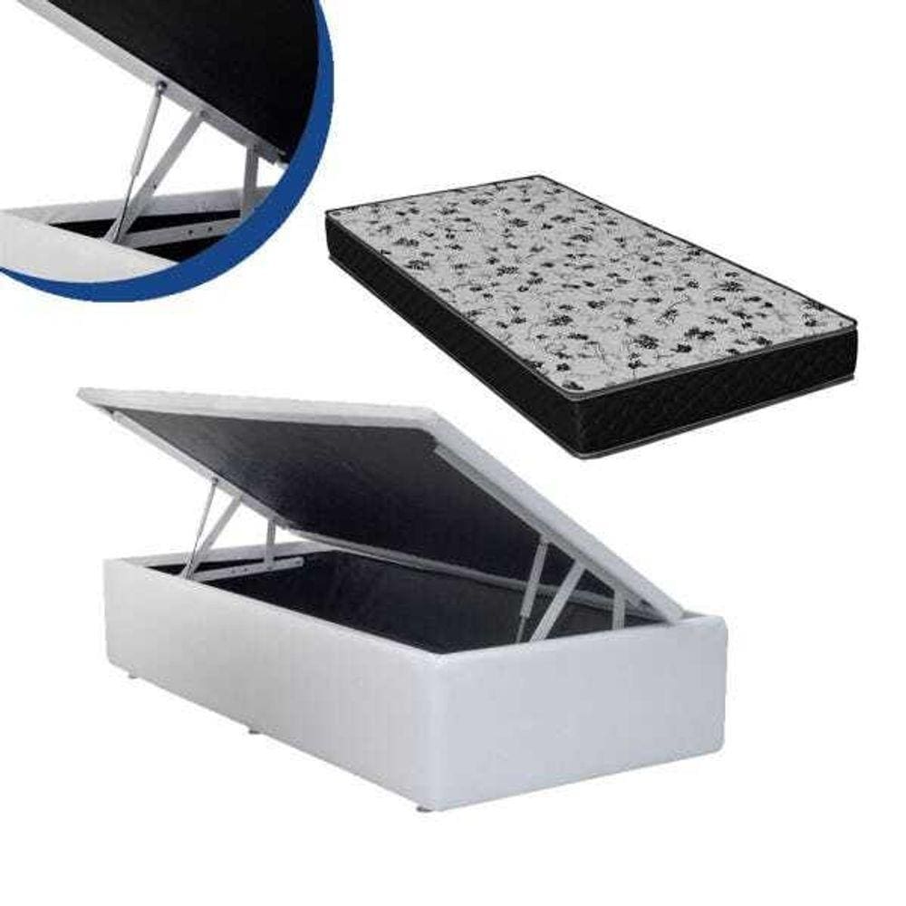 Cama Box Baú Solteiro Conforto Sintético Branco + Colchão Solteiro Conforto Espuma D33  17x88x188