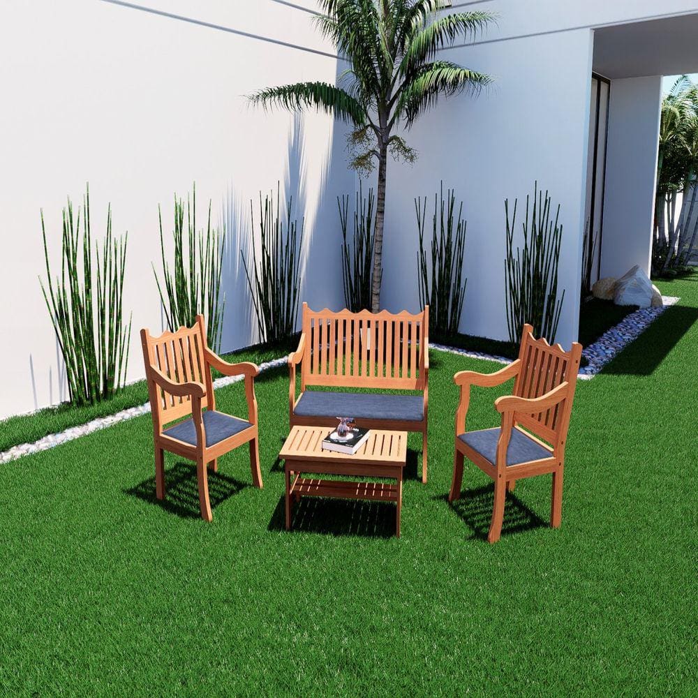 Conjunto para Jardim Curvato de Madeira Eucalipto 4 Peças Amadeirado/Azul