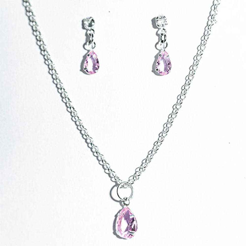Conjunto Colar e Brinco Gota Zircônia Quartzo Rosa Prata 925