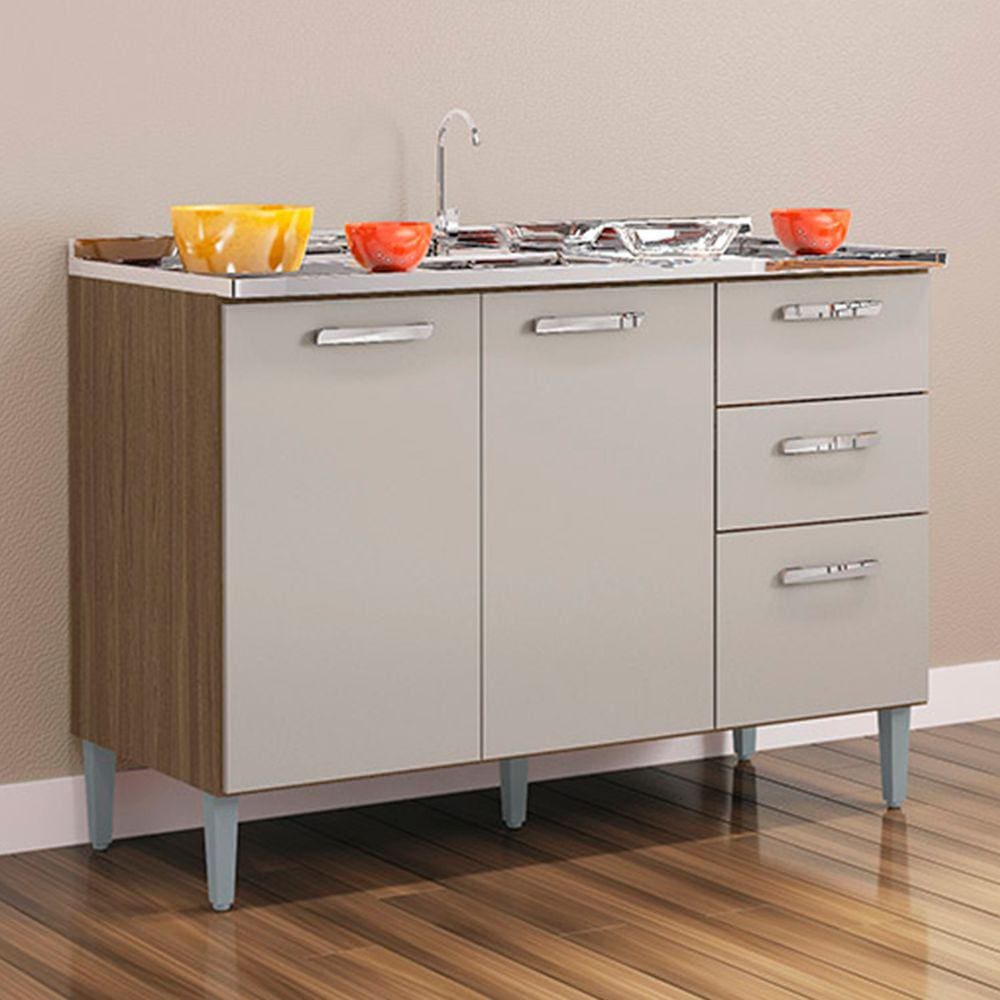 Balcão de Cozinha para Pia 3 Portas 2 Gavetas Castanho/Off White 508 - Poquema