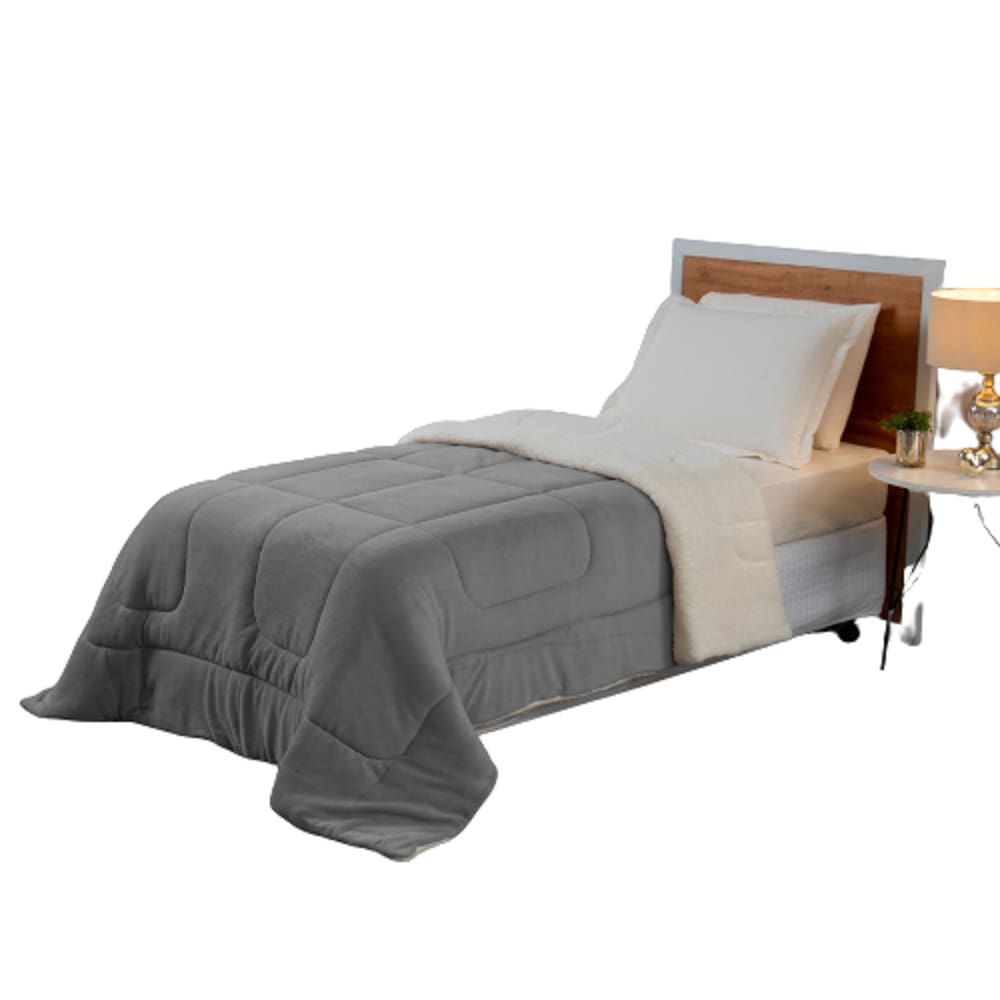 Coberdrom Cobertor Solteiro Sherpa Carneiro Manta Soft Cinza